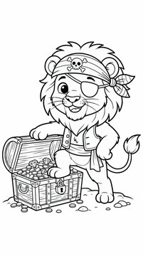 Cute Cartoon Lion Cub Pirate with Treasure Chest, Wearing Eye Patch and Bandana with Skull, Vector Coloring Page Illustration