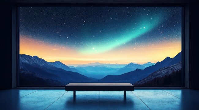 Solitary bench in a minimalist room overlooking a panoramic window with layered mountain silhouettes, a glowing twilight horizon and a green aurora over a starry sky, serene and contemplative