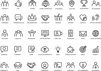 Fototapeta premium Black line icons of business and teamwork concepts on white background