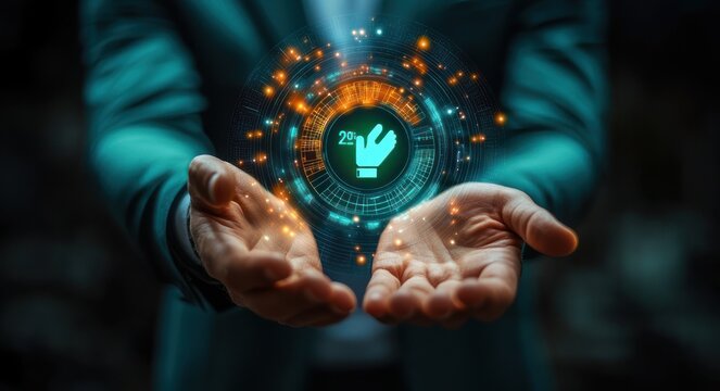 outstretched hands holding a glowing holographic circular data interface with a hand icon and floating light particles, conveying protection and futuristic wonder