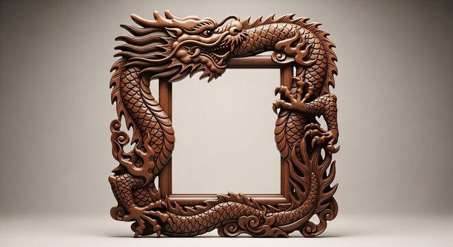 Intricately carved wooden dragon frame with traditional asian design