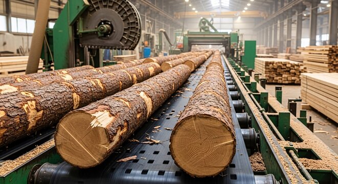 Logs on conveyor belt in industrial sawmill processing lumber production