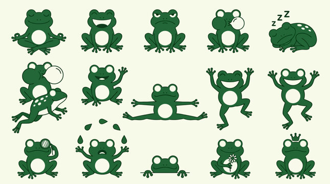 Green Frog Character Poses and Emotions Vector Set