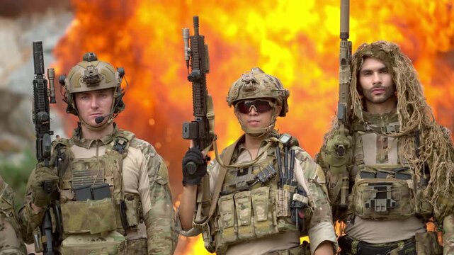 Special operations team stands together during military training exercise, showcasing unity, readiness and tactical capability