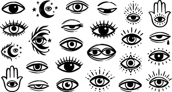 Mystic evil eye doodle icon set featuring bohemian third eye hamsa hand and crescent moon