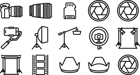 Photography equipment line icon set featuring camera lenses studio lighting sd card and backdrop stands © Afroja