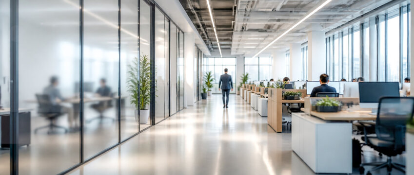 Sleek modern corporate office interior, featuring a spacious open-plan layout with glass partitions and workstations. Bright natural light from large windows, complemented by LED lighting, creates a