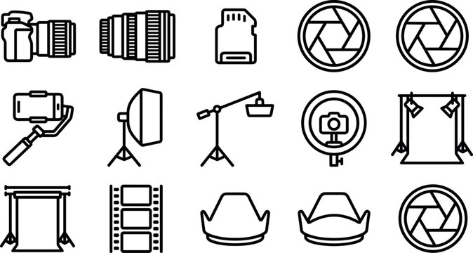 Photography equipment line icon set featuring camera lenses studio lighting sd card and backdrop stands