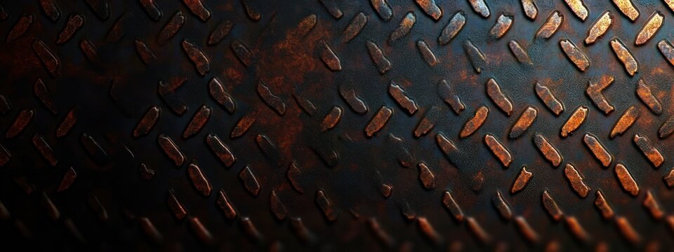 worn rusted diamond plate metal with raised tread pattern, scratches and warm orange highlights conveying gritty industrial decay