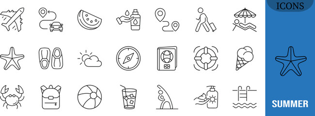Summer holiday travel vacation icons. airplane icon set, sunscreen icon set, passport icon set © Rohan