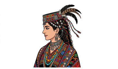Obraz premium Elegant side profile of Kalash woman wearing traditional festival costume hand drawn vector illustration