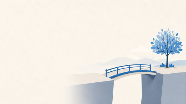 A simple bridge connecting two platforms with a small tree growing on the far side - bridging generations in family business succession concept flat design illustration banner with copy space