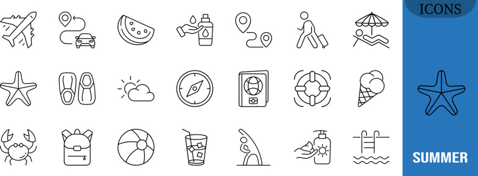 Summer holiday travel vacation icons. airplane icon set, sunscreen icon set, passport icon set