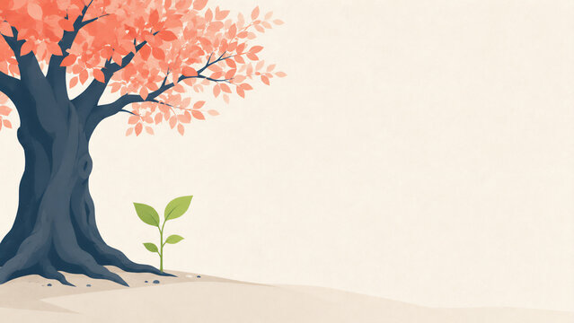 A large old tree with a fresh green sprout growing beside it - renewal and next generation in long-established business concept flat design illustration banner with copy space