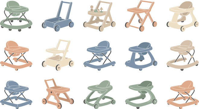 Set of fifteen isolated baby walkers and push toys for toddlers in a soft scandinavian pastel color vector style