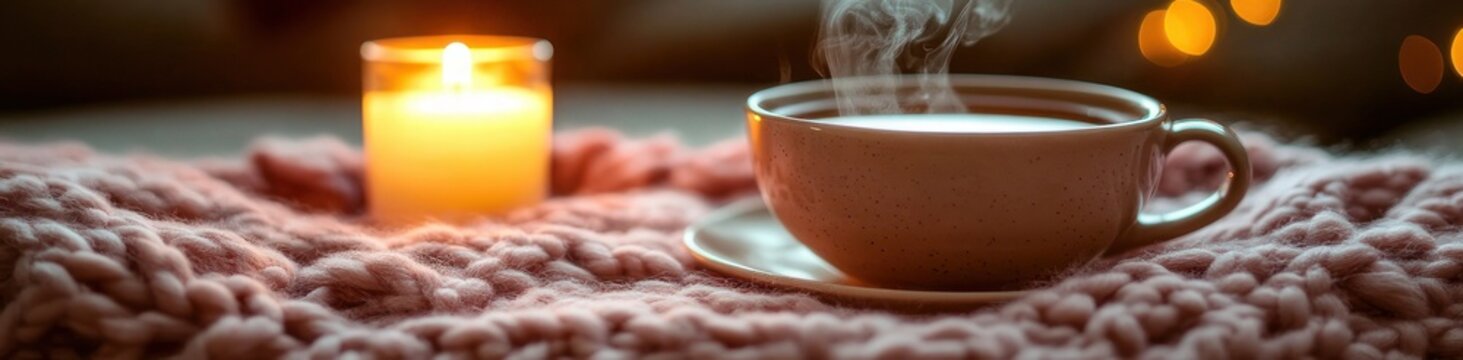steaming cup on a saucer beside a lit candle on a chunky knitted blanket with warm bokeh lights creating a cozy relaxed atmosphere