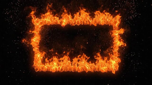 Rectangular fire frame burning on dark background with floating sparks flame rectangle border