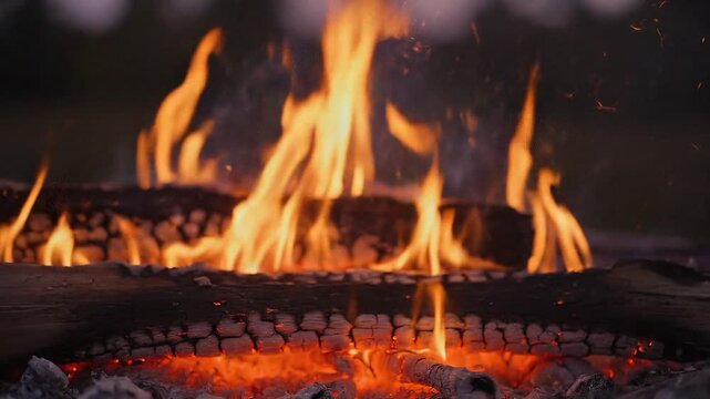 Close up of bright glowing campfire flames dancing on charred wood logs fire flame burning