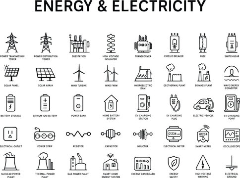 Energy and electricity icons for various power generation and distribution systems