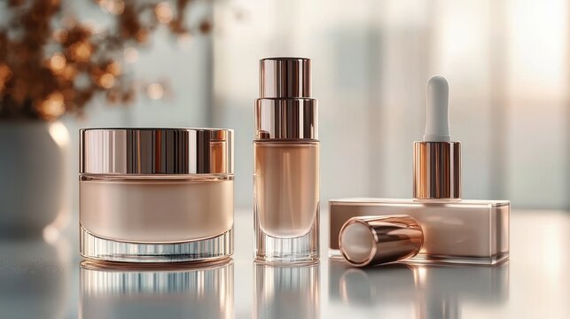 Luxurious skincare set of glass cream jar, tall pump serum bottle and rectangular dropper bottle with rose gold caps on reflective tabletop in warm soft light