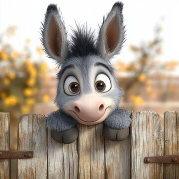 adorable cartoon donkey peeking over a weathered wooden fence with wide eyes and a playful smile in a warm floral bokeh background