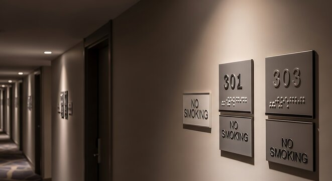 Hotel hallway with room numbers 301 and 303, 'No Smoking' signs, Braille