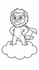 Fototapeta premium Cute Cartoon Lion Cub Superhero with Cape and Mask Standing Proudly on a Cloud, Black and White Outline Illustration for Coloring Pages, Playful Character Design