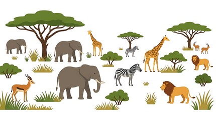 Obraz premium African savanna animal collection with elephants and lions