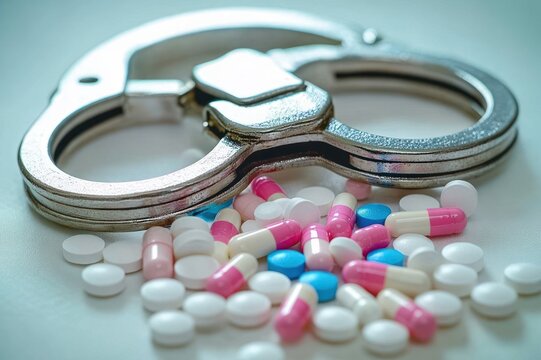 metal handcuffs beside scattered pink, blue and white pills, evoking danger, legal consequences and the emotional weight of addiction