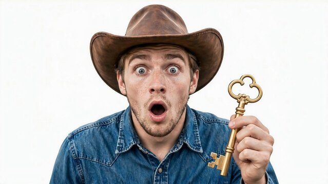 Surprised man in cowboy hat holding large golden key with shocked expression