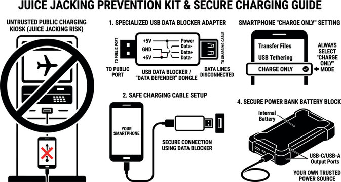 Juice Jacking Prevention Kit and Secure Charging Guide Infographic with USB Data Blocker Adapter Public Kiosk Warning and Safe Power Bank Setup Graphics