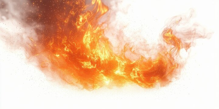 intense swirling orange flames and glowing embers with drifting smoke on a white background, energetic and dramatic