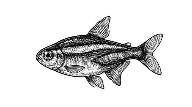 Detailed neon tetra fish drawing isolated on white.