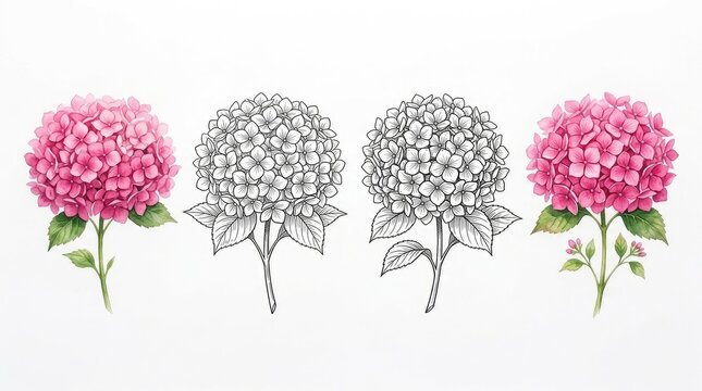 Beautiful pink watercolor hydrangea flowers and detailed black line art botanical illustrations on white background, floral elements