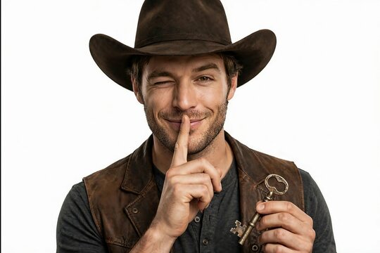 Smiling man in cowboy hat and leather vest holding key with finger to lips for secrecy