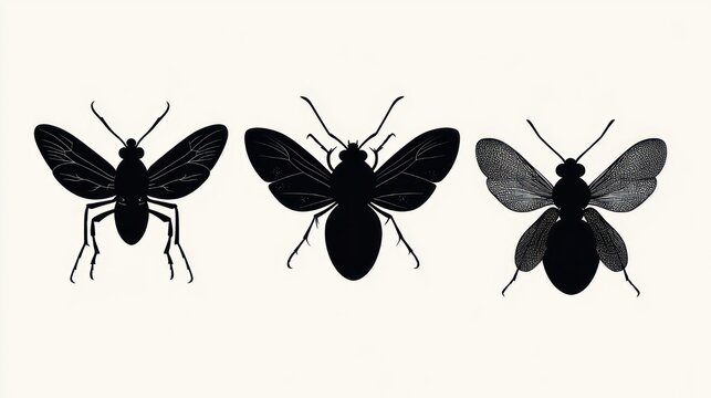 Three black insect silhouettes with varied wing textures on a pale background, minimalist symmetrical composition conveying calm clinical precision and graphic simplicity