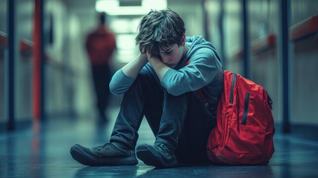 young student sitting on a school hallway floor with a red backpack, head in hands, looking distressed and isolated as a figure walks away
