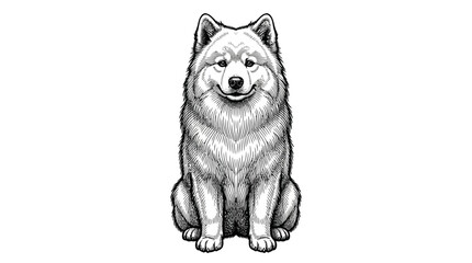 Fluffy samoyed dog sitting detailed ink illustration. © Agung