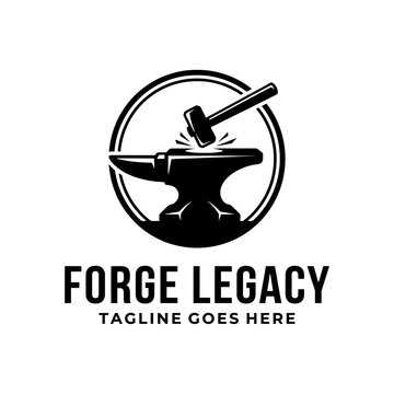 Industrial anvil and hammer forge logo.