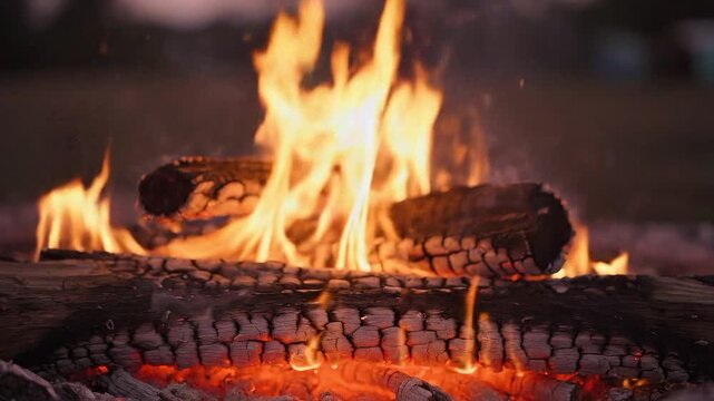 Bright burning campfire logs with orange flames in dark environment fire wood embers bonfire
