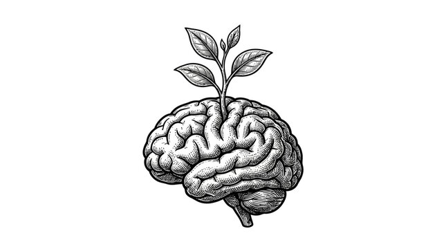 Human brain with growing plant sprout woodcut engraving.
