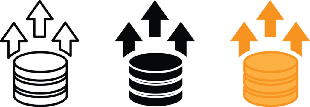 Financial profit coin stack icon vector set featuring arrow up growth indicators in outline solid black and orange color styles