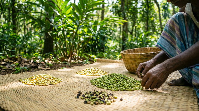 Hands sorting diverse cardamom pods on woven mat outdoors, showcasing traditional spice farming and processing.