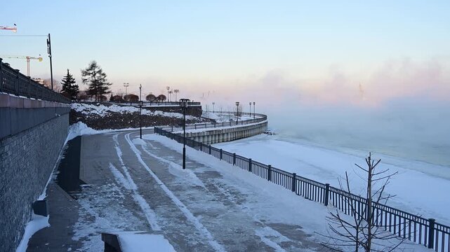 Scenery view of Irkutsk waterfront with Angara river in the morning. The Angara River is a river in Eastern Siberia and the only river flowing from lake Baikal.