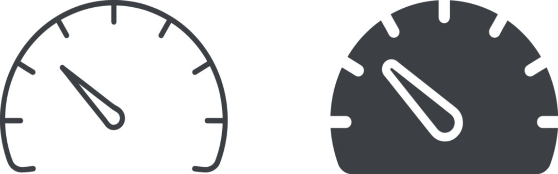 Speedometer icon vector set with linear outline and solid filled dashboard gauges indicating performance acceleration and velocity control