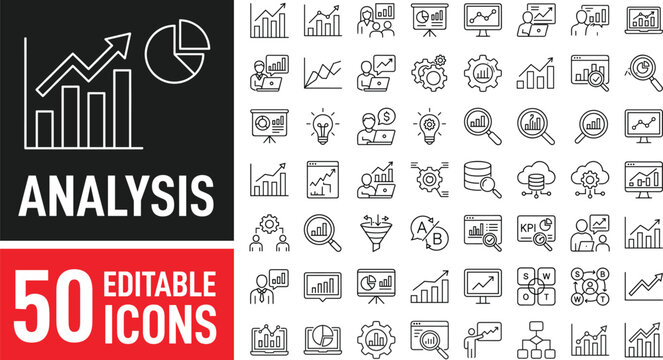 Business analysis icon collection featuring fifty editable thin line symbols for data charts graphs report statistics and corporate strategy planning
