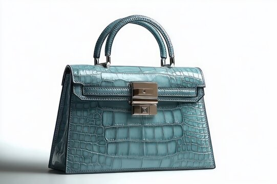 Elegant teal crocodile-embossed leather handbag with top handle and silver lock clasp, glossy structured mini purse conveying luxury and sophistication