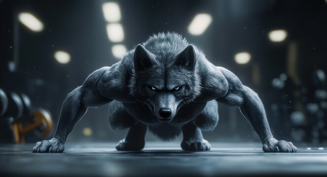 muscular anthropomorphic wolf doing push-ups in a dark gym with barbells and glowing eyes, fierce determination and intense focus under dramatic spotlighting