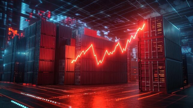 futuristic shipping container yard with stacked metal containers, neon blue and red lighting and a glowing red upward financial graph conveying urgency and growth