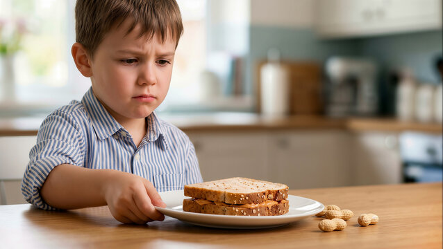 Child: Upset boy holding peanut butter sandwich, frowning at plate on wooden kitchen table with peanuts, highlighting food allergy or picky eating issues.
